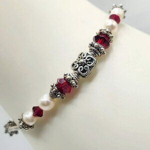 Sterling Silver Beaded Bracelet Size 6.25" Genuine Pearl Ruby Colored Glass Vtg